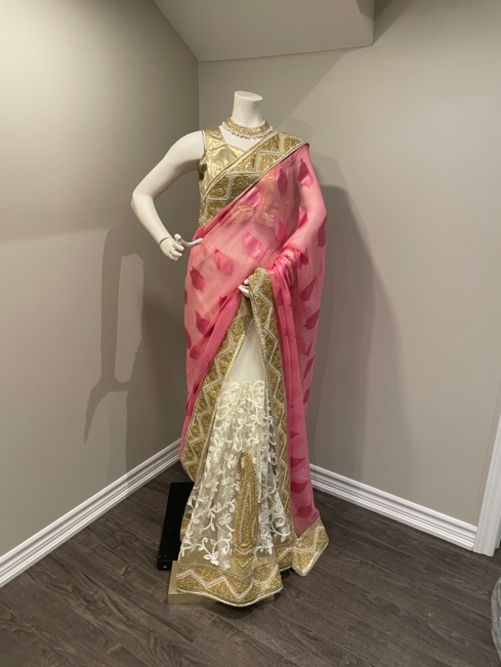 Pink and White Saree